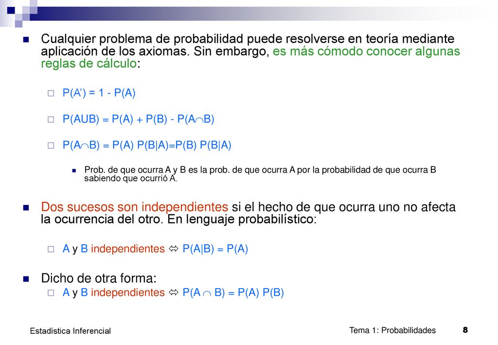 Cualquier problema de probabilidad puede resolverse en teoría mediante aplicación de los axiomas. Sin embargo, es más cómodo conocer algunas reglas de cálculo:
