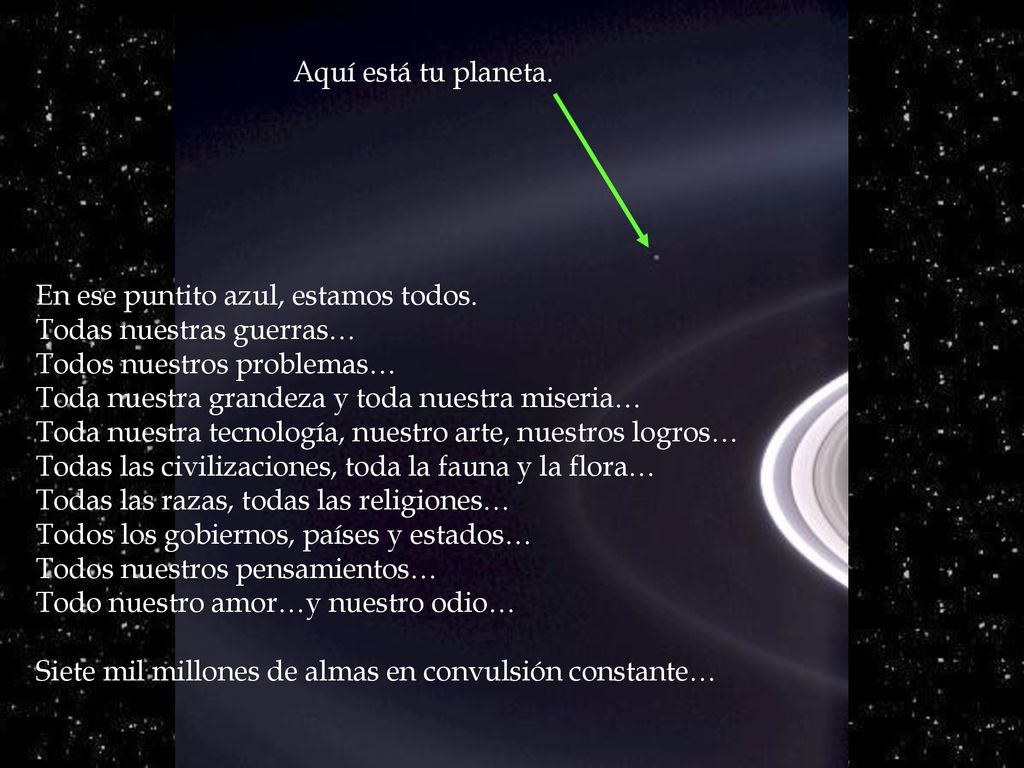 Aquí está tu planeta. En ese puntito azul, estamos todos. Todas nuestras guerras… Todos nuestros problemas…