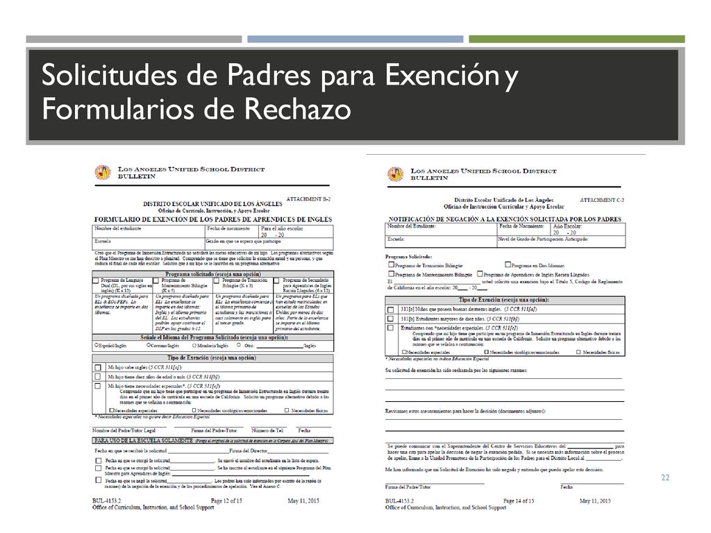 Solicitudes de Padres para Exención y Formularios de Rechazo