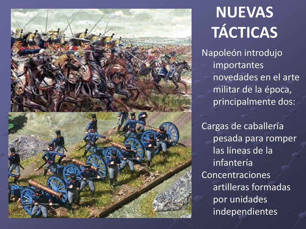 NUEVAS TÁCTICAS Napoleón introdujo importantes novedades en el arte militar de la época, principalmente dos: