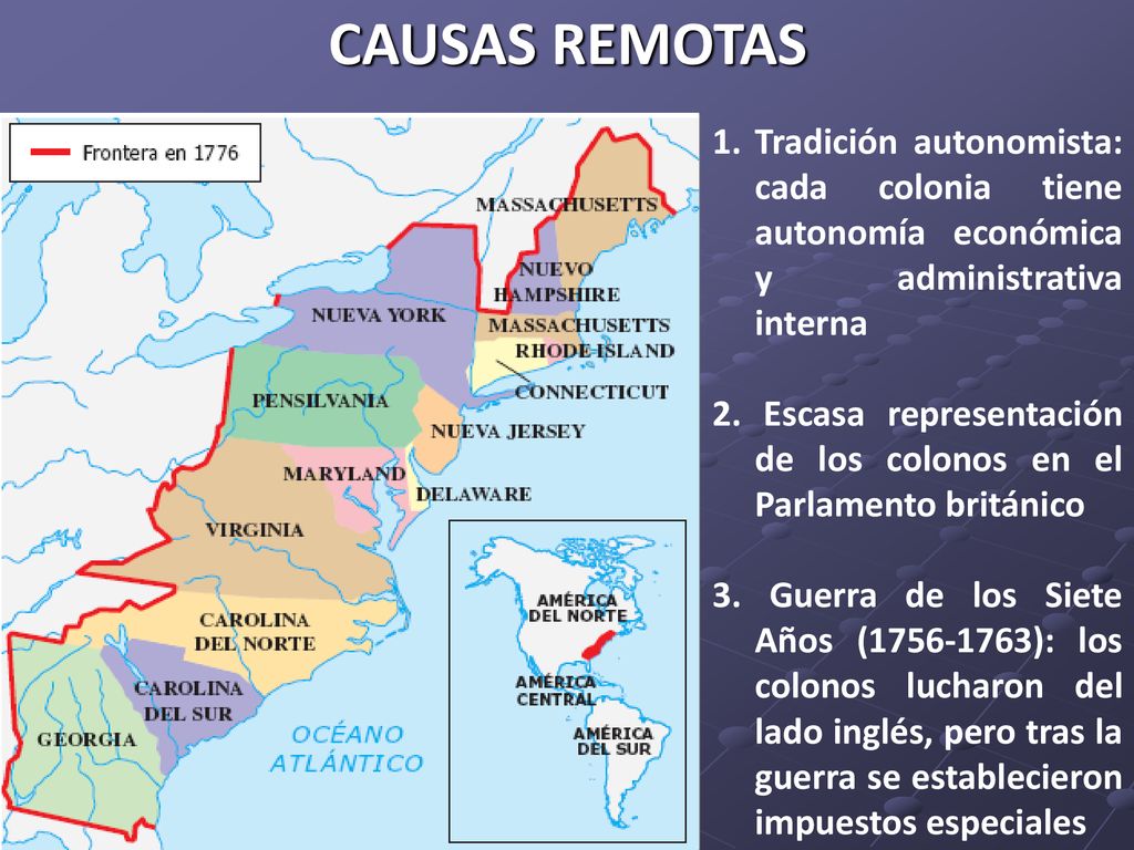 CAUSAS REMOTAS Tradición autonomista: cada colonia tiene autonomía económica y administrativa interna.