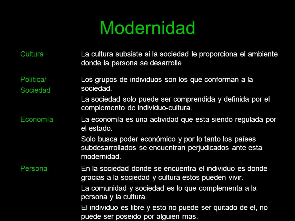 Modernidad Cultura. La cultura subsiste si la sociedad le proporciona el ambiente donde la persona se desarrolle.