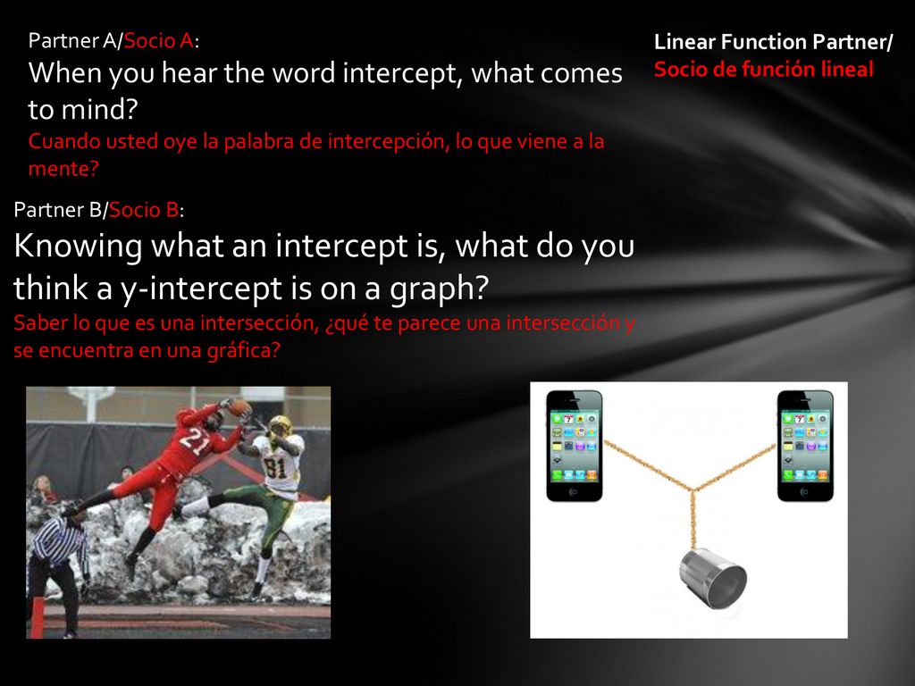 Partner A/Socio A: When you hear the word intercept, what comes to mind Cuando usted oye la palabra de intercepción, lo que viene a la mente