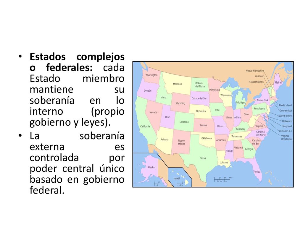 Estados complejos o federales: cada Estado miembro mantiene su soberanía en lo interno (propio gobierno y leyes).