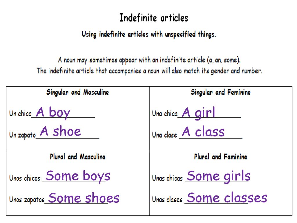 A boy A girl A shoe A class Some boys Some girls Some shoes Some classes