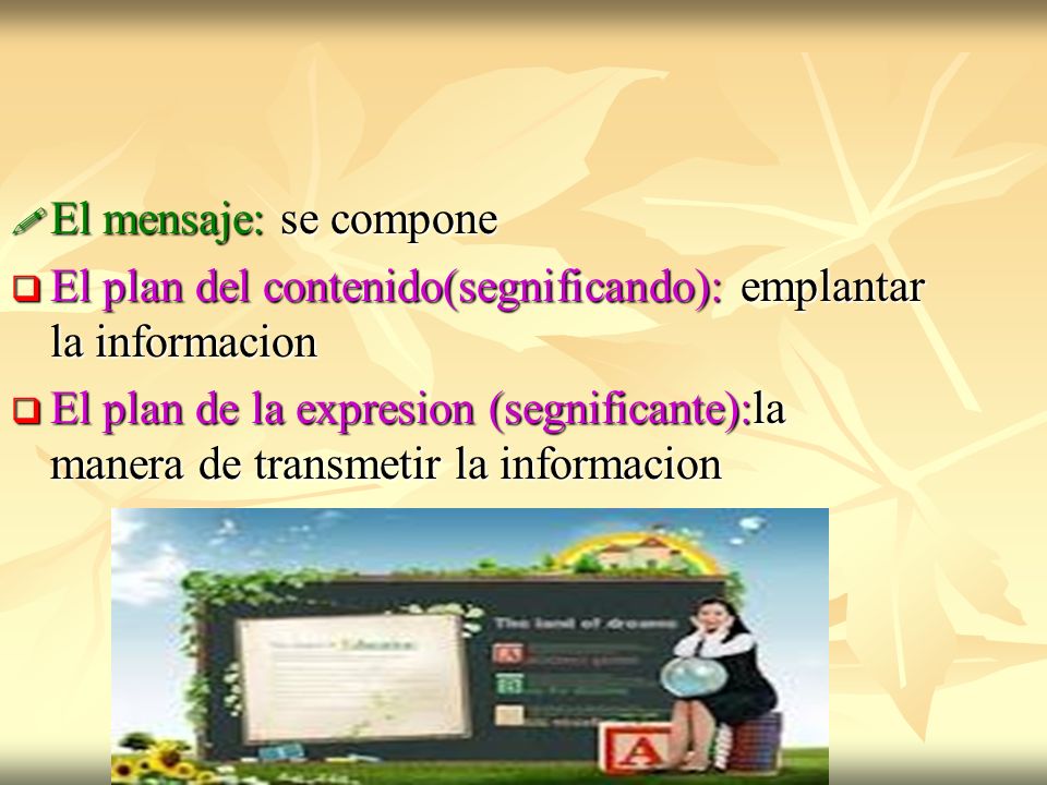 El mensaje: se compone El plan del contenido(segnificando): emplantar la informacion.