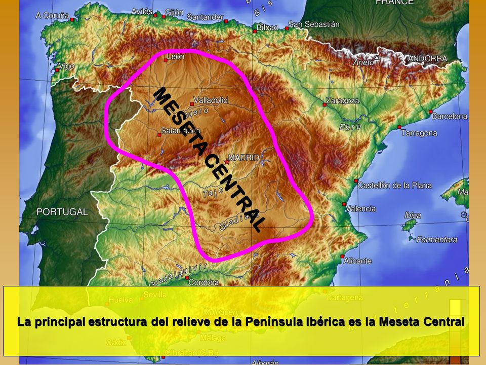 MESETA CENTRAL La principal estructura del relieve de la Península Ibérica es la Meseta Central