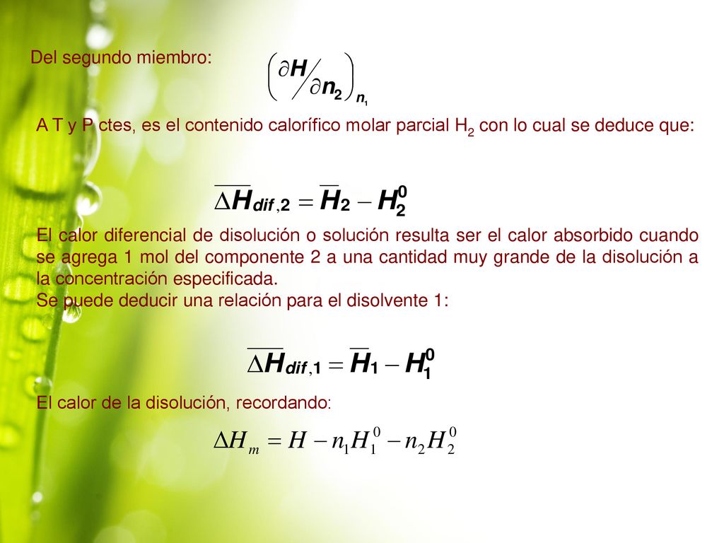 Del segundo miembro: A T y P ctes, es el contenido calorífico molar parcial H2 con lo cual se deduce que: