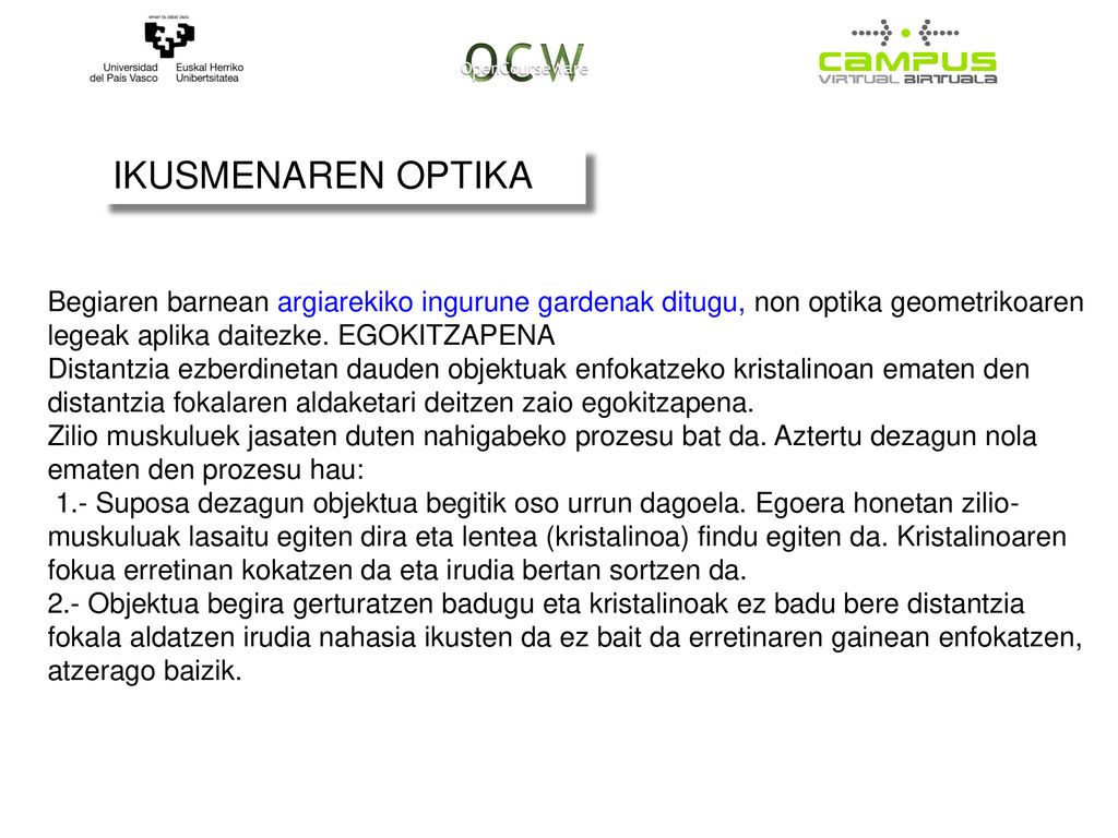 IKUSMENAREN OPTIKA Begiaren barnean argiarekiko ingurune gardenak ditugu, non optika geometrikoaren legeak aplika daitezke. EGOKITZAPENA.