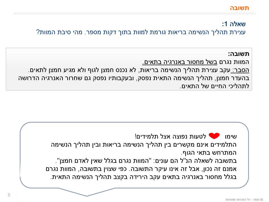 עצירת תהליך הנשימה בריאות גורמת למוות בתוך דקות מספר. מהי סיבת המוות