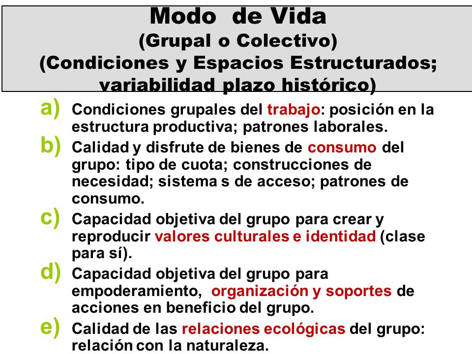 Modo de Vida (Grupal o Colectivo) (Condiciones y Espacios Estructurados; variabilidad plazo histórico)