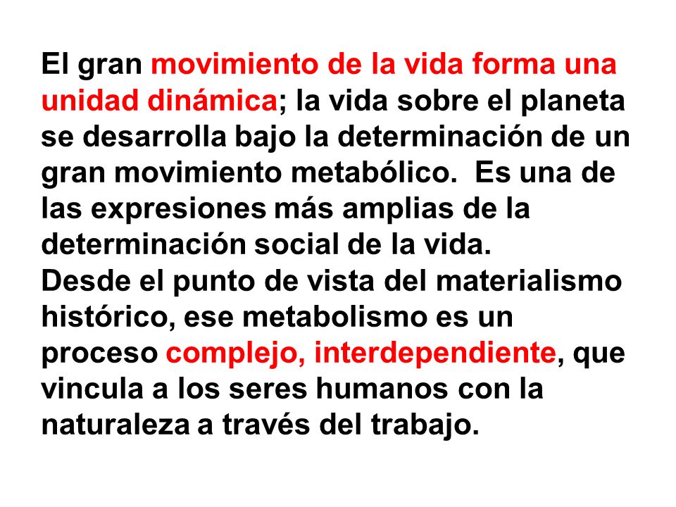 El gran movimiento de la vida forma una unidad dinámica; la vida sobre el planeta se desarrolla bajo la determinación de un gran movimiento metabólico.