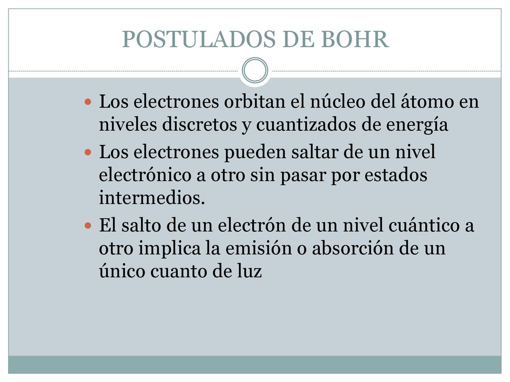 POSTULADOS DE BOHR Los electrones orbitan el núcleo del átomo en niveles discretos y cuantizados de energía.