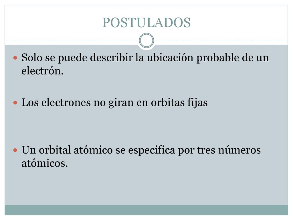 POSTULADOS Solo se puede describir la ubicación probable de un electrón. Los electrones no giran en orbitas fijas.
