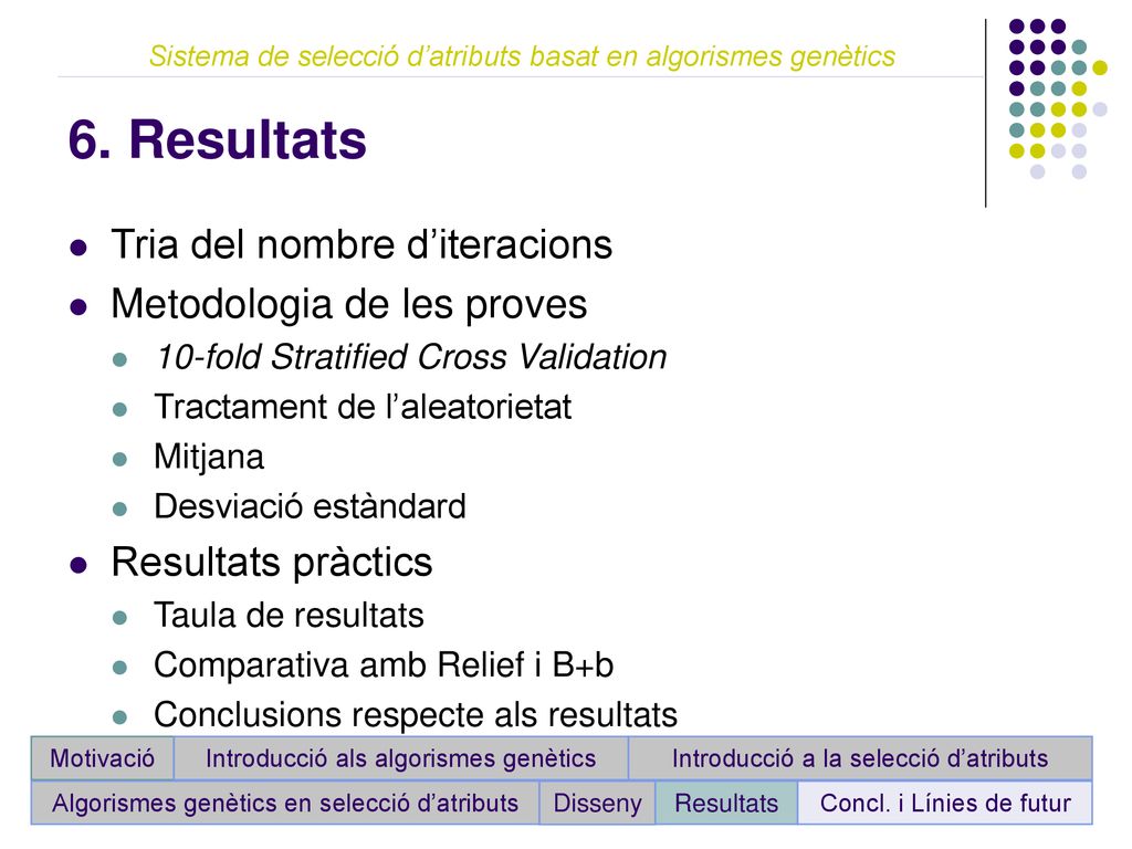 6. Resultats Tria del nombre d’iteracions Metodologia de les proves