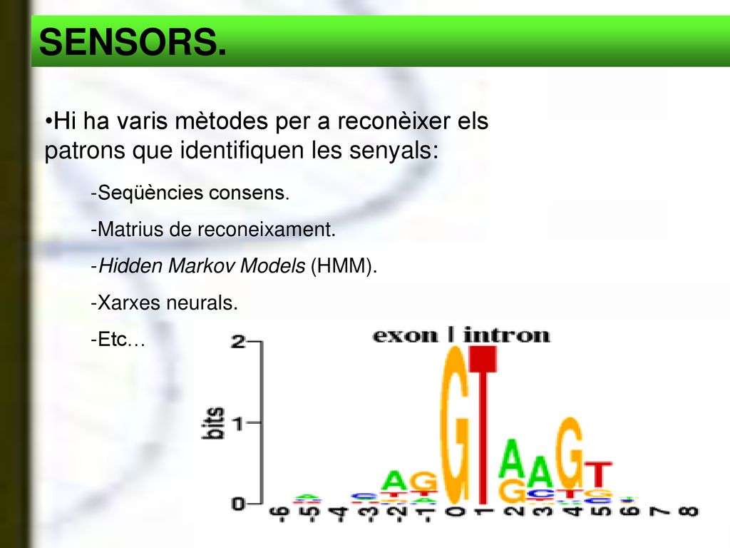 SENSORS. Hi ha varis mètodes per a reconèixer els patrons que identifiquen les senyals: Seqüències consens.