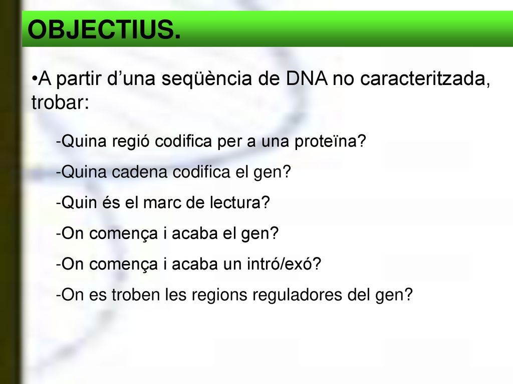 OBJECTIUS. A partir d’una seqüència de DNA no caracteritzada, trobar: