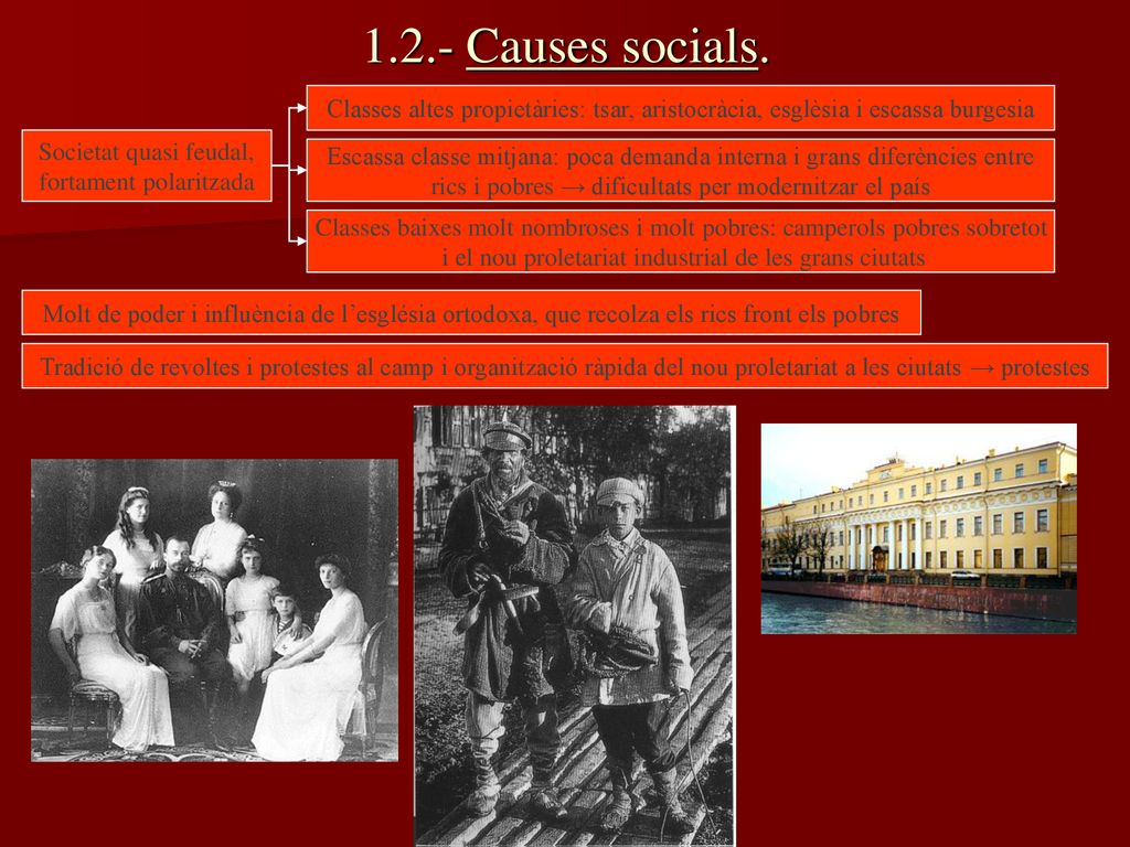 1.2.- Causes socials. Classes altes propietàries: tsar, aristocràcia, esglèsia i escassa burgesia. Societat quasi feudal,