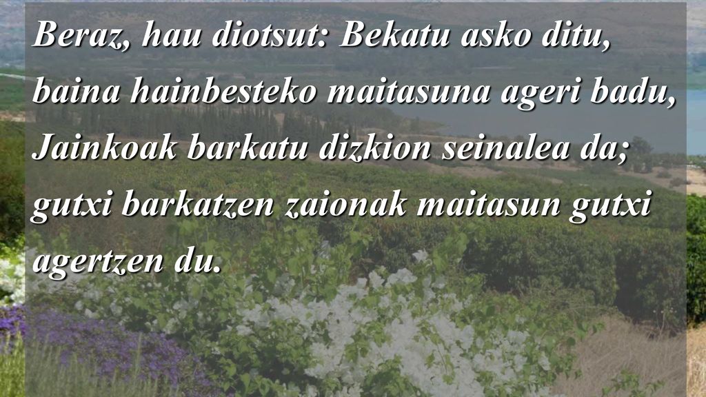 Beraz, hau diotsut: Bekatu asko ditu, baina hainbesteko maitasuna ageri badu, Jainkoak barkatu dizkion seinalea da; gutxi barkatzen zaionak maitasun gutxi agertzen du.