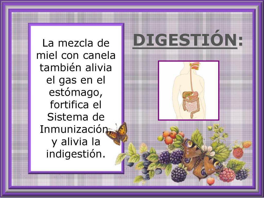 La mezcla de miel con canela también alivia el gas en el estómago, fortifica el Sistema de Inmunización, y alivia la indigestión.