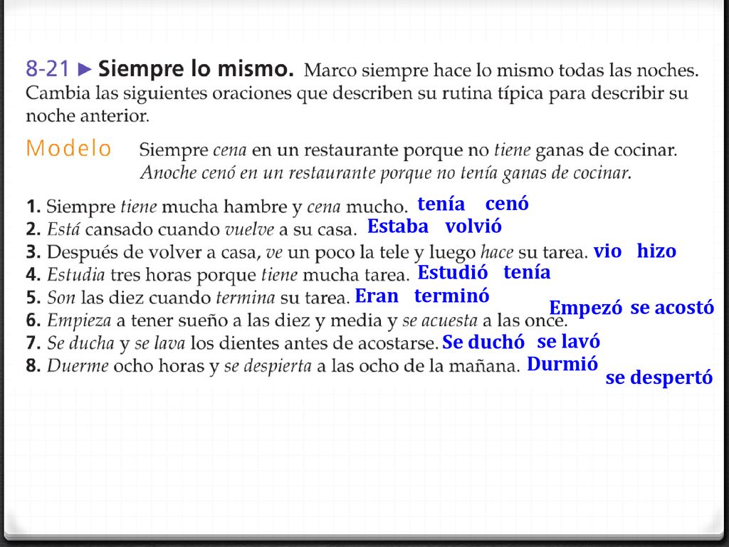 tenía cenó. Estaba. volvió. vio. hizo. Estudió. tenía. Eran. terminó. Empezó. se acostó. Se duchó.
