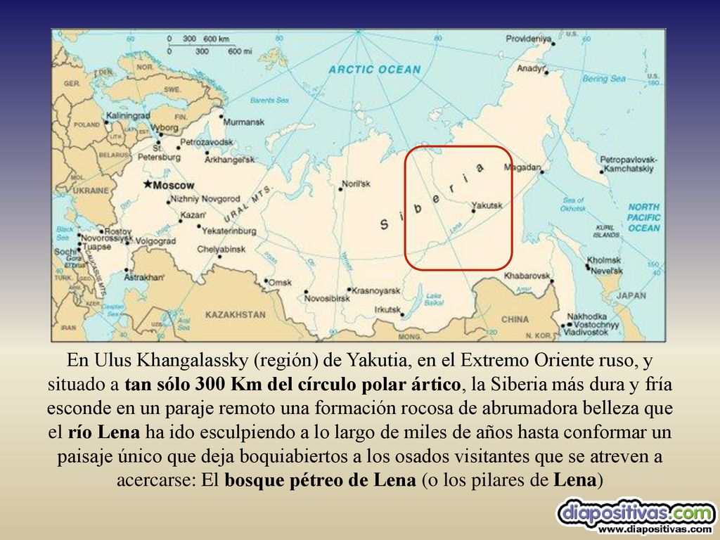 En Ulus Khangalassky (región) de Yakutia, en el Extremo Oriente ruso, y situado a tan sólo 300 Km del círculo polar ártico, la Siberia más dura y fría esconde en un paraje remoto una formación rocosa de abrumadora belleza que el río Lena ha ido esculpiendo a lo largo de miles de años hasta conformar un paisaje único que deja boquiabiertos a los osados visitantes que se atreven a acercarse: El bosque pétreo de Lena (o los pilares de Lena)