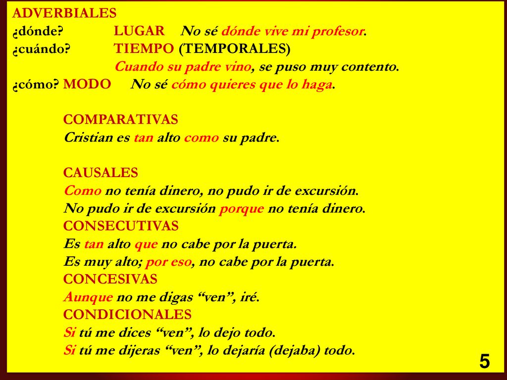 5 ADVERBIALES ¿dónde LUGAR No sé dónde vive mi profesor.
