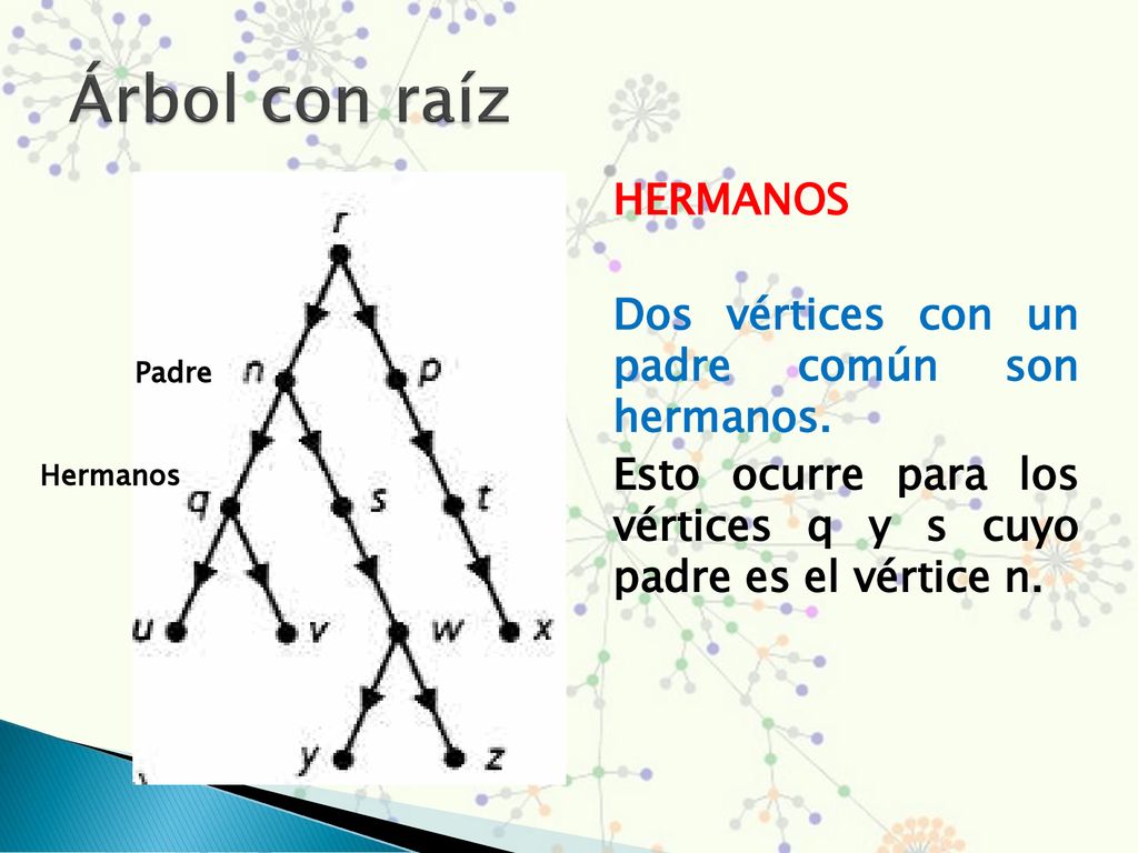Árbol con raíz HERMANOS Dos vértices con un padre común son hermanos.