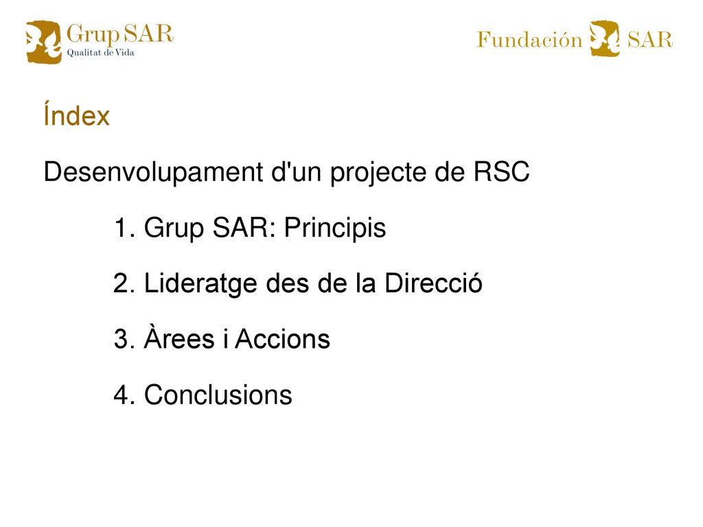 Índex Desenvolupament d un projecte de RSC. 1. Grup SAR: Principis. 2. Lideratge des de la Direcció.