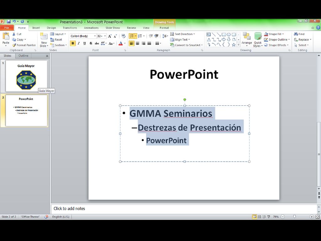 Esta vez se puso «PowerPoint» para el título y se escribió parte del registro donde decía «Click to add text».