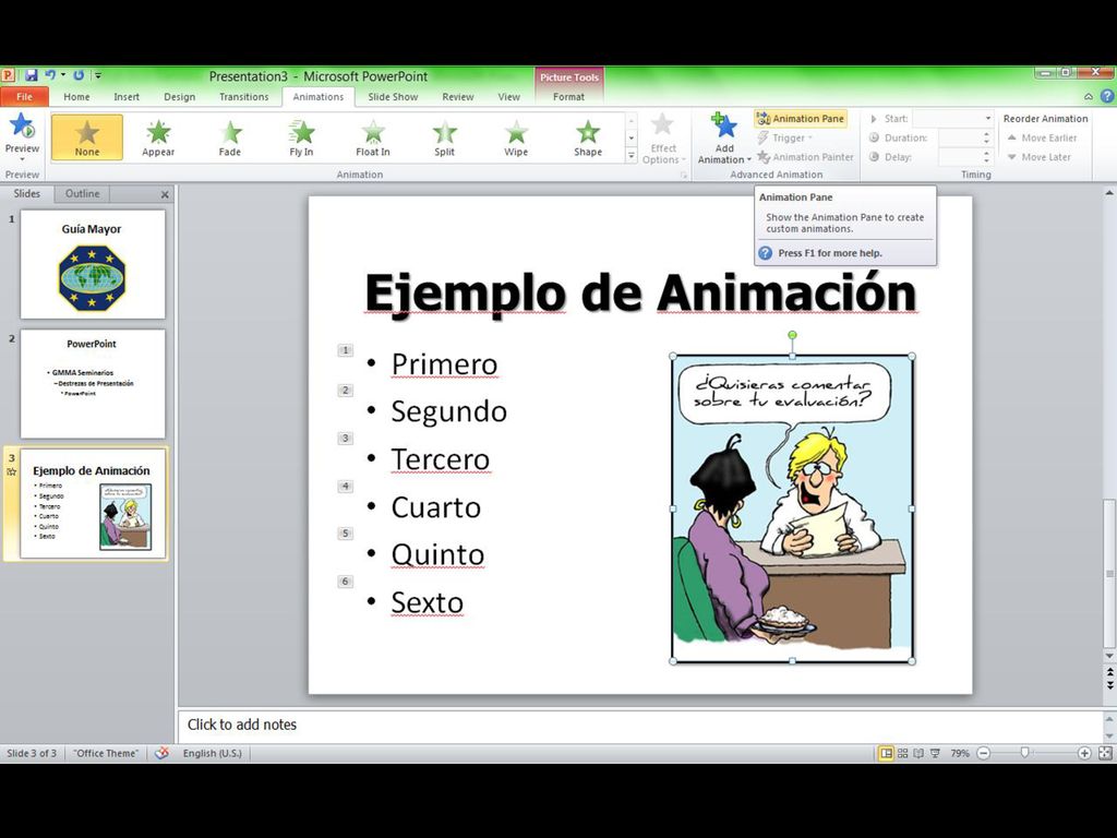 Para agregarle a las letras movimiento o animación, hacer clic donde dice «Animations» y después «Animation Pane».