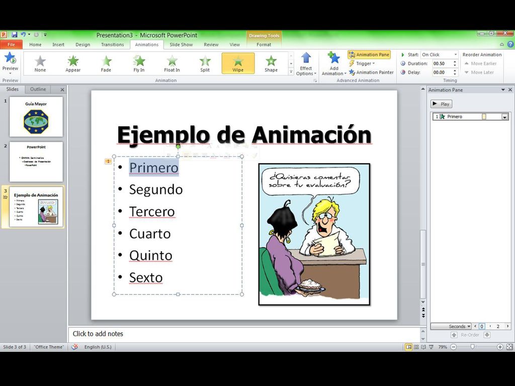Se abre una ventana al lado que muestra las animaciones