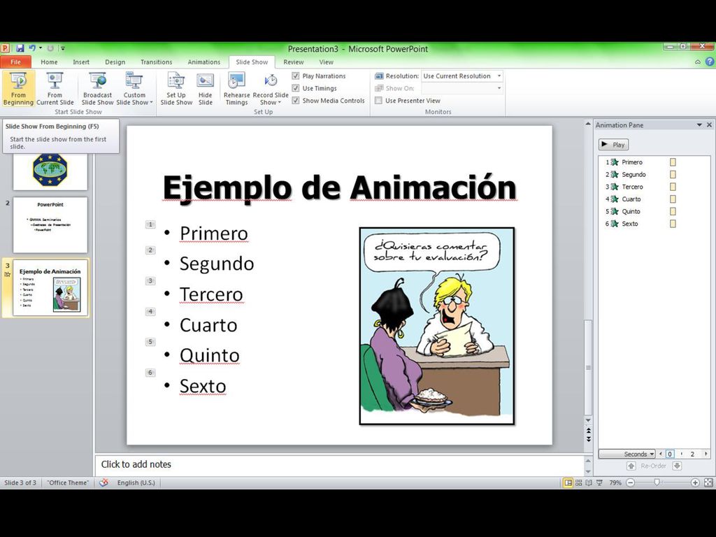 Para iniciar la presentación, se hace clic en «Slide Show» y después en «From Beginning».