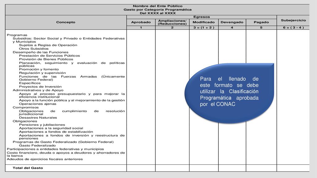 Para el llenado de este formato se debe utilizar la Clasificación Programática aprobada por el CONAC