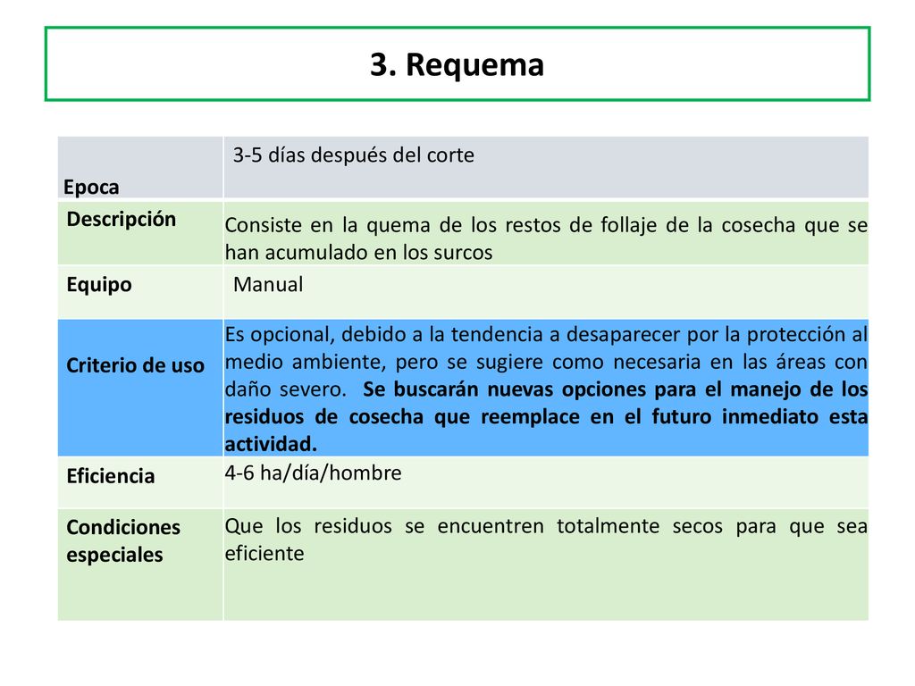 3. Requema Epoca 3-5 días después del corte Descripción