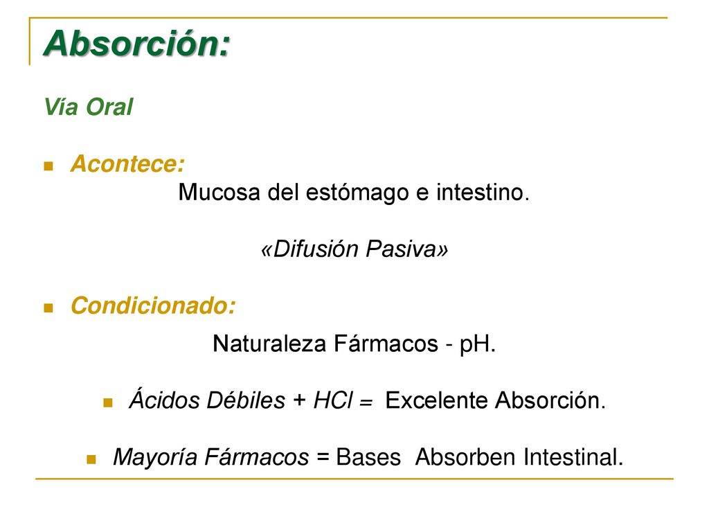Absorción: Vía Oral Acontece: Mucosa del estómago e intestino.