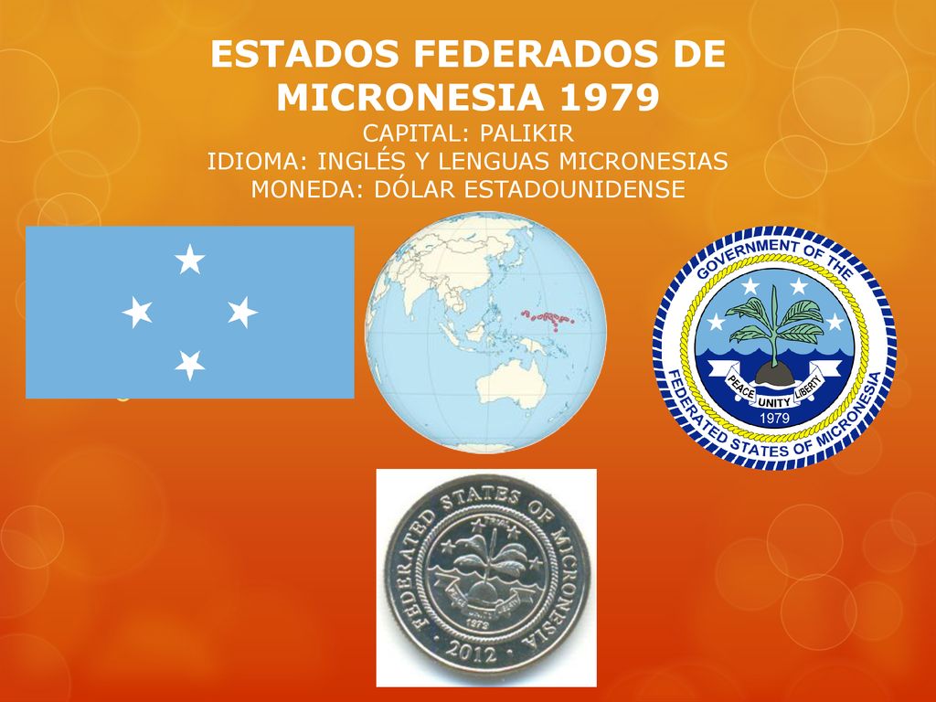 ESTADOS FEDERADOS DE MICRONESIA 1979 CAPITAL: PALIKIR IDIOMA: INGLÉS Y LENGUAS MICRONESIAS MONEDA: DÓLAR ESTADOUNIDENSE