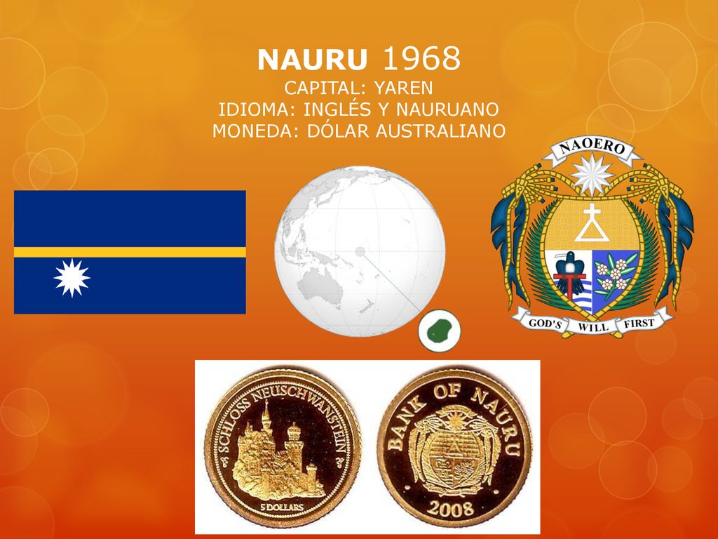 NAURU 1968 CAPITAL: YAREN IDIOMA: INGLÉS Y NAURUANO MONEDA: DÓLAR AUSTRALIANO