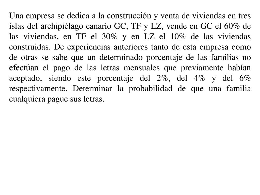 Una empresa se dedica a la construcción y venta de viviendas en tres islas del archipiélago canario GC, TF y LZ, vende en GC el 60% de las viviendas, en TF el 30% y en LZ el 10% de las viviendas construidas.