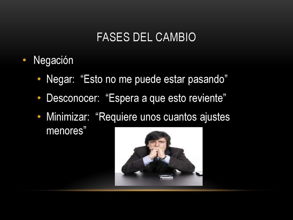 Fases del cambio Negación Negar: Esto no me puede estar pasando