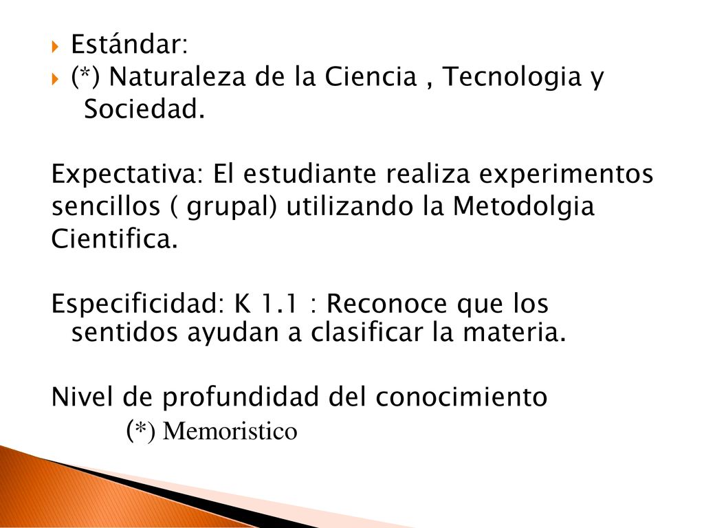 Estándar: (*) Naturaleza de la Ciencia , Tecnologia y. Sociedad. Expectativa: El estudiante realiza experimentos.