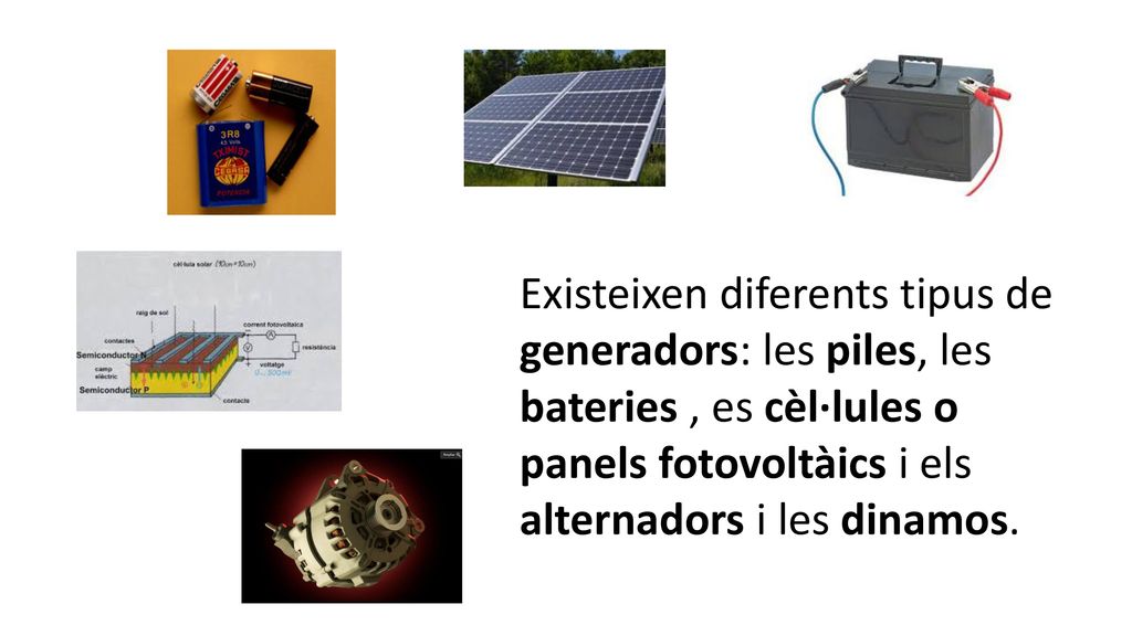 Existeixen diferents tipus de generadors: les piles, les bateries , es cèl·lules o panels fotovoltàics i els alternadors i les dinamos.