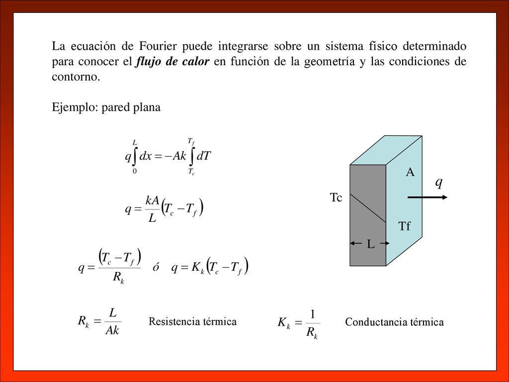 La ecuación de Fourier puede integrarse sobre un sistema físico determinado para conocer el flujo de calor en función de la geometría y las condiciones de contorno.