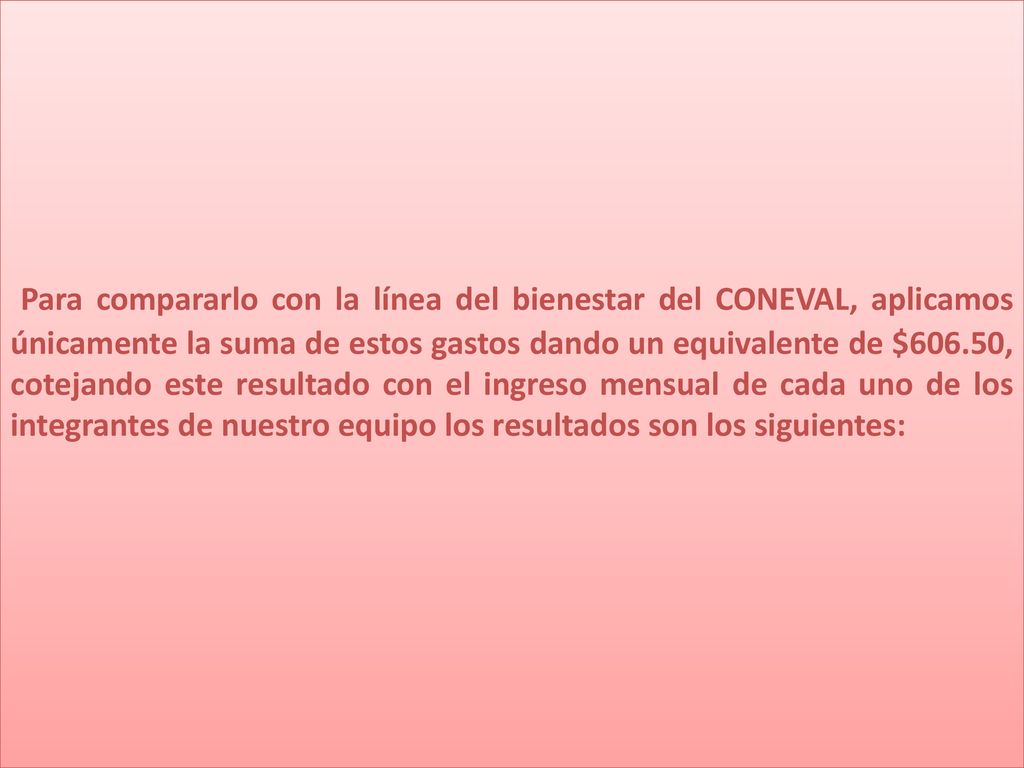 Para compararlo con la línea del bienestar del CONEVAL, aplicamos únicamente la suma de estos gastos dando un equivalente de $606.50, cotejando este resultado con el ingreso mensual de cada uno de los integrantes de nuestro equipo los resultados son los siguientes: