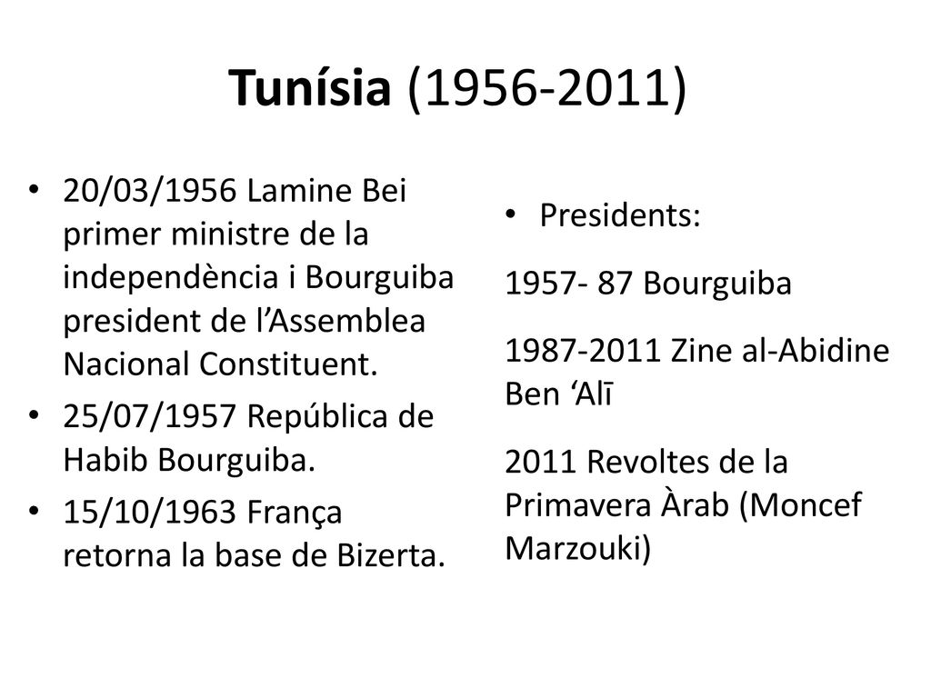 Tunísia ( ) 20/03/1956 Lamine Bei primer ministre de la independència i Bourguiba president de l’Assemblea Nacional Constituent.