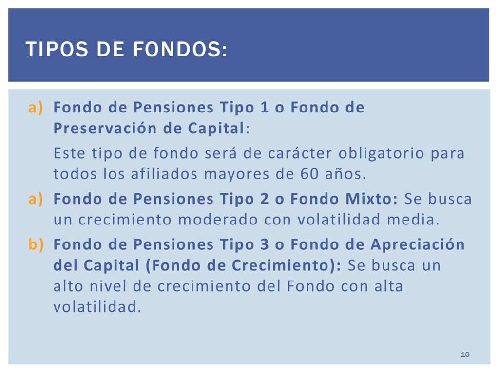 Tipos de fondos: Fondo de Pensiones Tipo 1 o Fondo de Preservación de Capital: