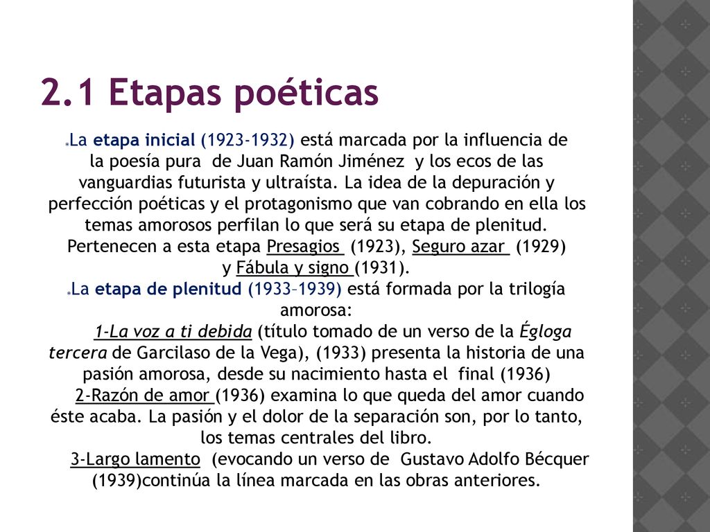 La etapa de plenitud (1933–1939) está formada por la trilogía amorosa: