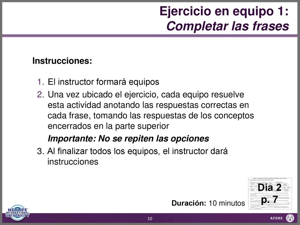 Ejercicio en equipo 1: Completar las frases Día 2 p