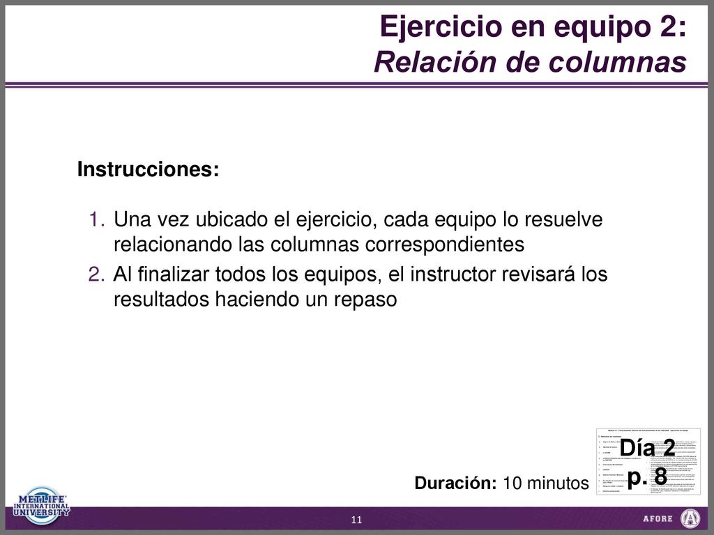 Ejercicio en equipo 2: Relación de columnas Día 2 p. 8 84