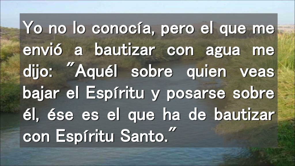 Yo no lo conocía, pero el que me envió a bautizar con agua me dijo: Aquél sobre quien veas bajar el Espíritu y posarse sobre él, ése es el que ha de bautizar con Espíritu Santo.